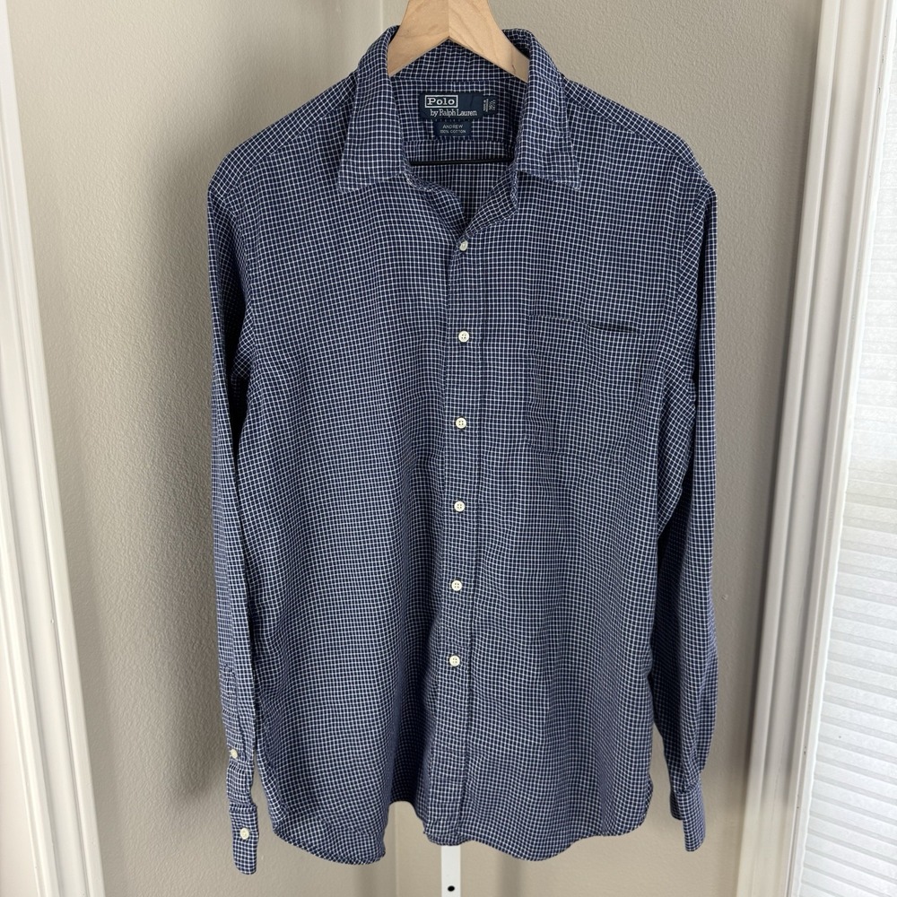 Polo Ralph Lauren Andrew 16 1/2 36/37 Blue White Checkered Dress Shirt Button Up